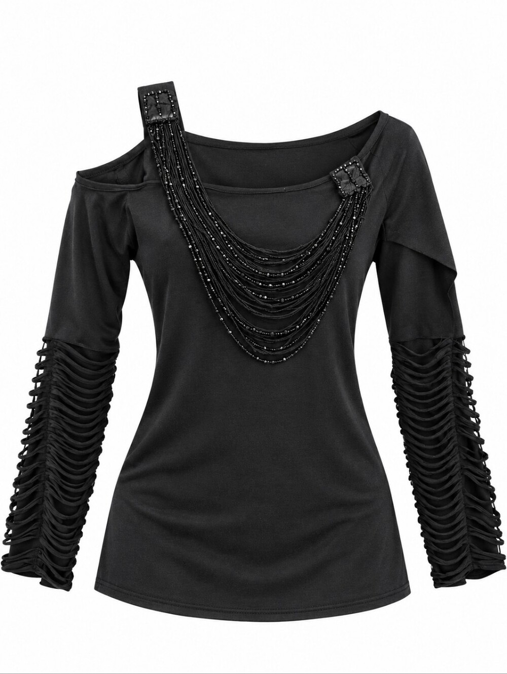 Gothic Style Black Off-Shoulder Long Sleeve Top with Beaded Strap Detail